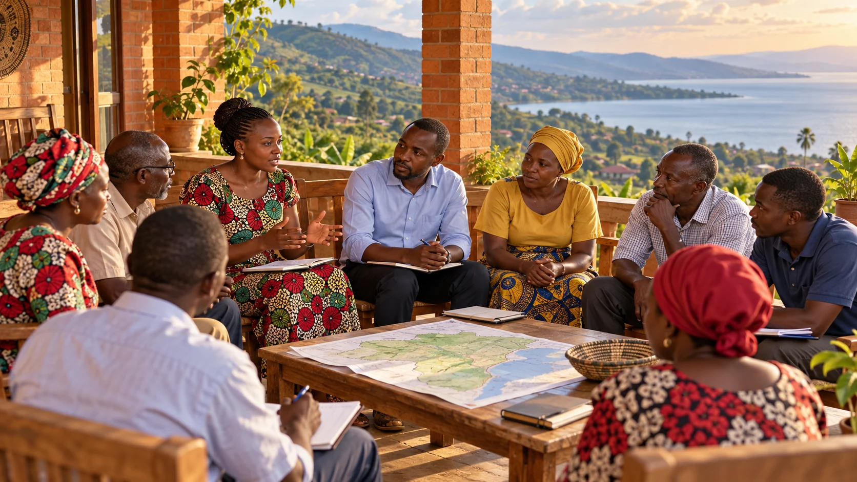 People gathering in a landscape of Burundian hills