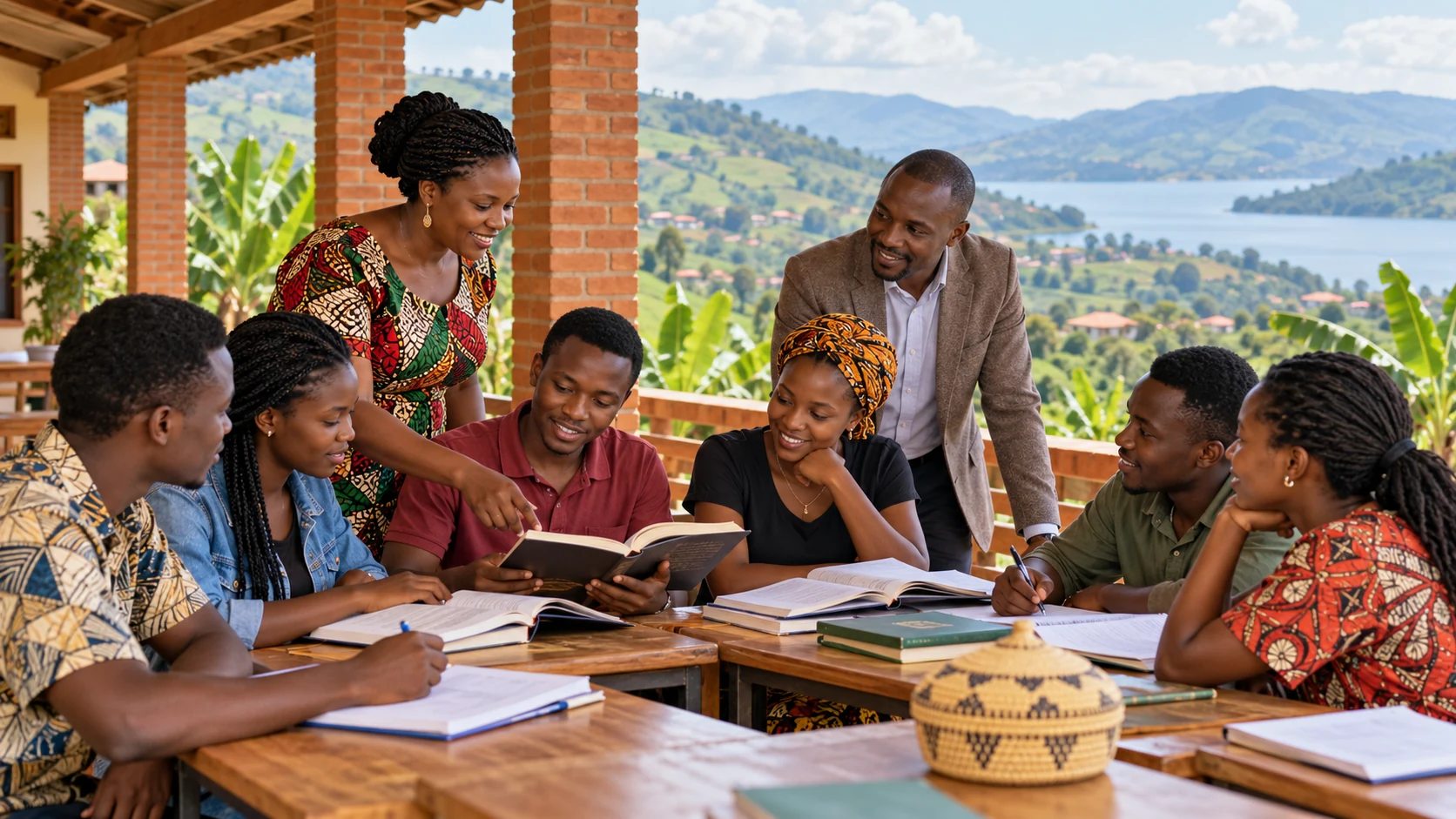 People gathering in a landscape of Burundian hills